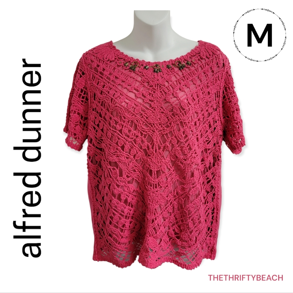Alfred Dunner Pink Crochet Knit Beaded Top - Size Medium